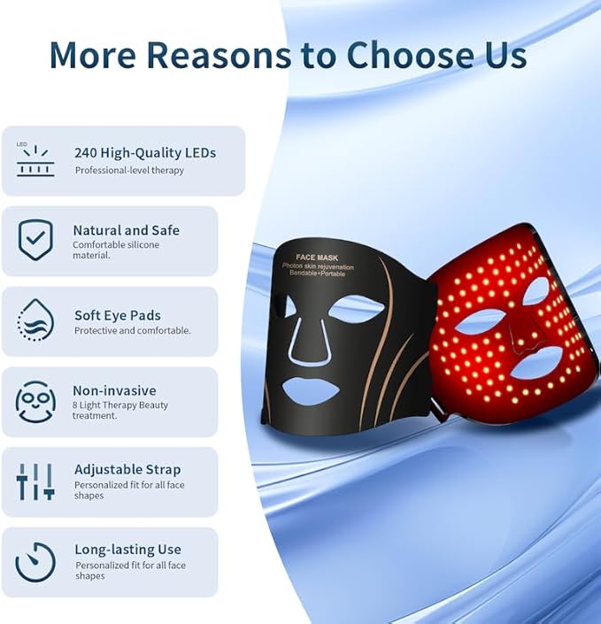 Red Light Therapy for Face, LED Light Therapy Mask, 8-in-1 Colors, Rechargeable with Timer, Portable for Home and Travel