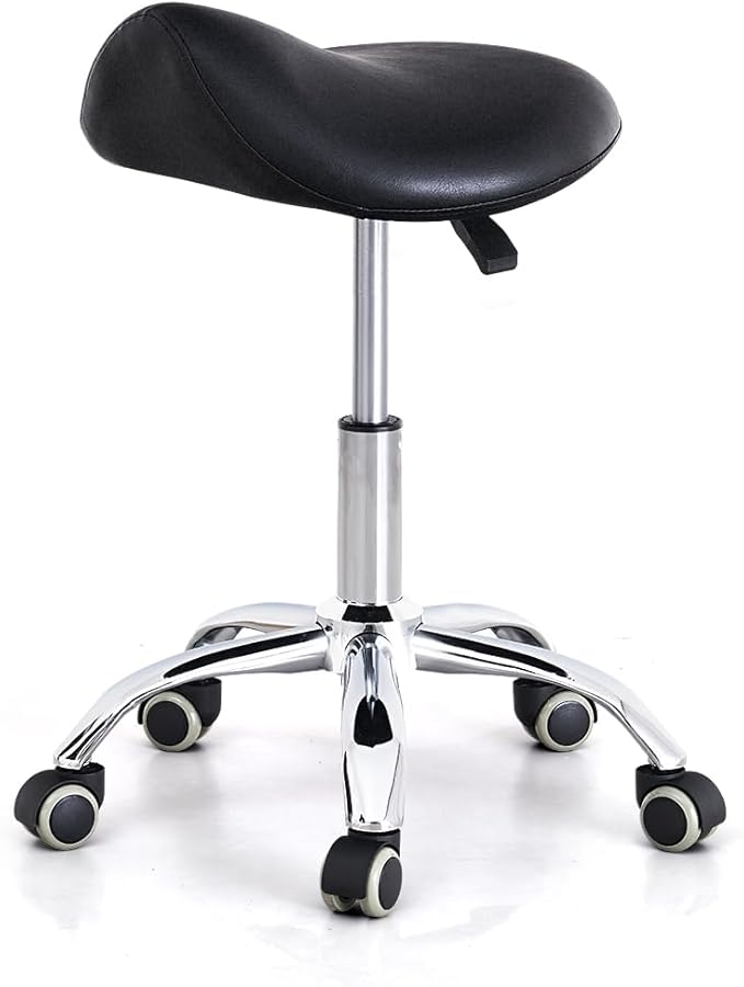 Saddle Stool with Wheels, Ergonomic Rolling Height Adjustable Chair for Medical Clinic Dental Tattoo Hair Stylist Salon Facial Nail Artist Spa, Swivel Pu Leather Stool,Black