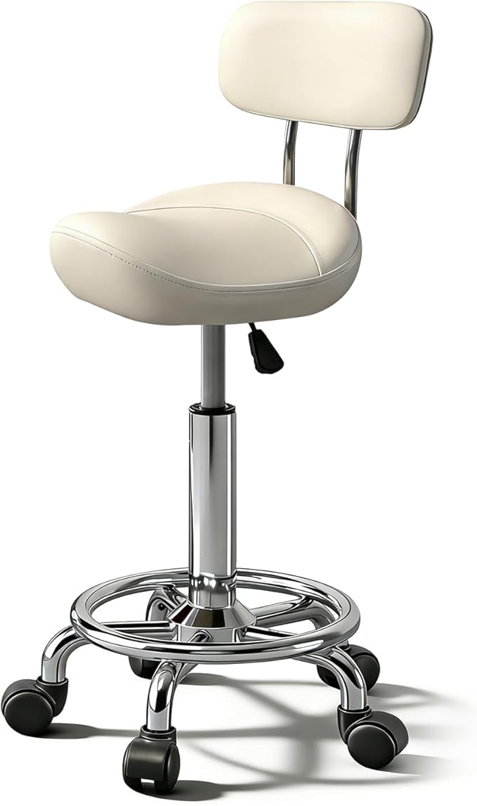 Saddle Stool with Ring Pedal and Back, Adjustable Hydraulic Rolling Chair with Wheels for Medical, Massage, Salon, Spa, Kitchen, and Drafting Use