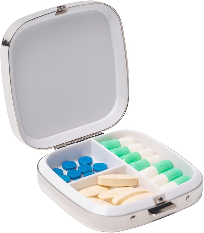 Portable Mini Metal Travel Medicine Box/3 Compartments (Square Silver)