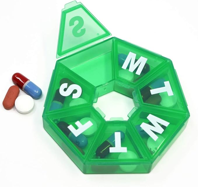 Pillthing Weekly 7 Sided Pill Organzier 3 pack 1 each of Blue Green Purple. Small Pill Box for Travel with Medical Alert Card