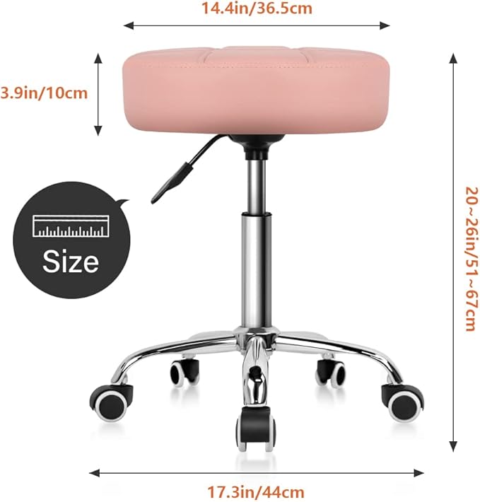 KKTONER Round Rolling Stool Chair PU Leather Height Adjustable Shop Stool Swivel Drafting Work SPA Salon Stools with Wheels Office Chair (Pink)