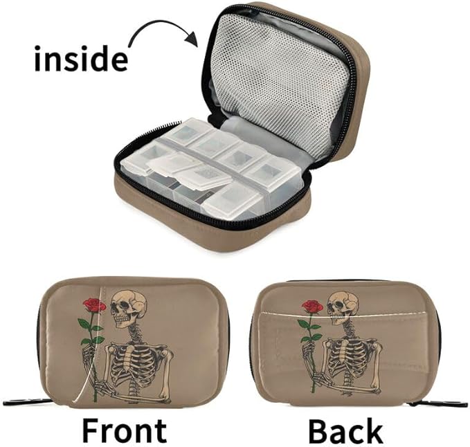 Skull Rose Pill Box 7 Day Pill Case Travel Pill Organizer Bag with Zipper Portable Weekly Vitamin Medicine Supplement Holder Pouch Bag