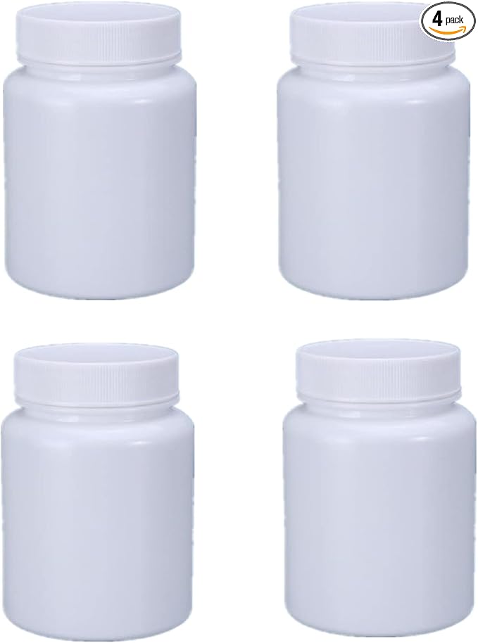 4PCS Empty Medicine Pill Bottle White Plastic Vials with Screw Cap Liquid Solid Powder Capsules Case Pill Tablet Holder Box Storage Container Reagent Bottle Travel Jar Pot (150ML)