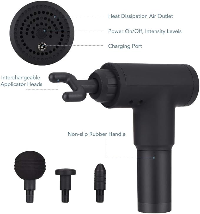 Hand held Electric Quiet Muscle Massage Gun deep Relaxation Massage Body Four Kinds of Massage Head Cordless Percussion Massager Relieve Muscle Pain and Tension (Black)