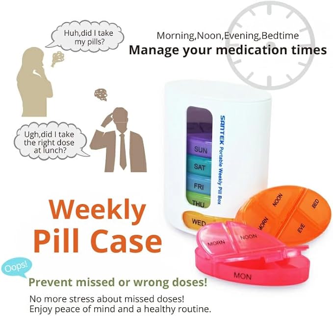 7-Day Pill Organizer, 4 Times a Day – Colorful, Durable, Stackable Design with Labeled Individual Day Compartments, Travel-Friendly