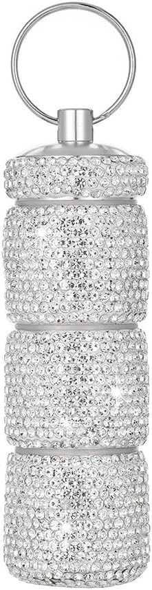 Rhinestone Mini Pills Organizer with Keychain, Portable 3 Compartment Small Travel Pill Holder, Waterproof Medicien Case Dispenser Bottle, Crystal Pocket Pill Box (White)