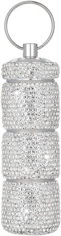 Rhinestone Mini Pills Organizer with Keychain, Portable 3 Compartment Small Travel Pill Holder, Waterproof Medicien Case Dispenser Bottle, Crystal Pocket Pill Box (White)