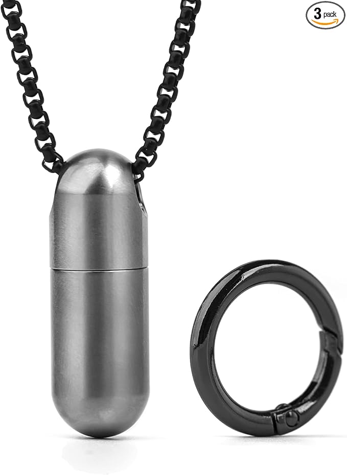 TISUR Titanium Pill Case with 28'' Necklace Chain,Micro Keychain Pill Holder.Waterproof Pill Fob for Emergency Aspirin & Nitroglycerin for Travel Purse Pocket