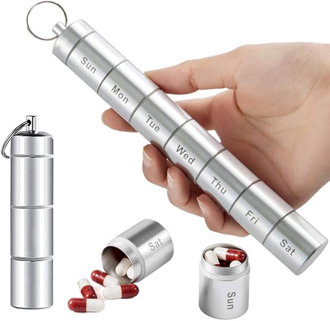 Tvoip Portable Pill Case Keychain Waterproof 7 Days Pill Holder Travel Pill Container Portable Medicine Keychain Daily Airtight Pill Organizer for Outdoor Camping Travel (Silver)