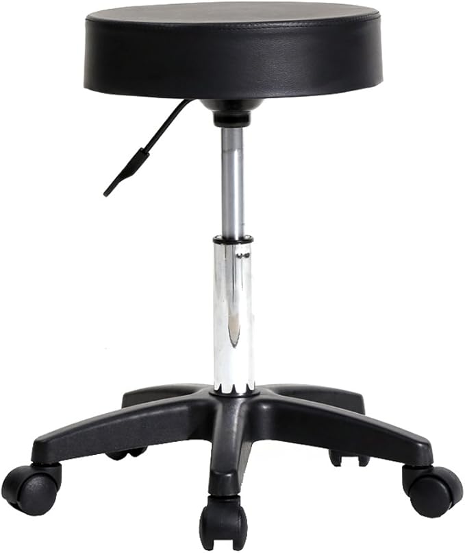 U-Kiss PU Leather Round Rolling Stool with Foot Rest Swivel Height Adjustment Medical Spa Drafting Salon Tattoo Work Office Massage Stools Task Chair (Black Plastic)