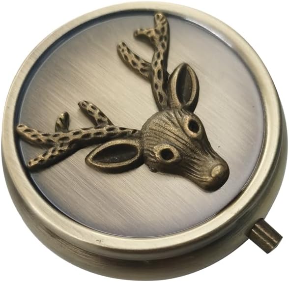 Antique Pill Box Travel Pill Case - Cute Daily Pill Organizer Small Pill Box for Purse, Mini Pocket Pill Case, Round Metal Pill Organizer (Deer)