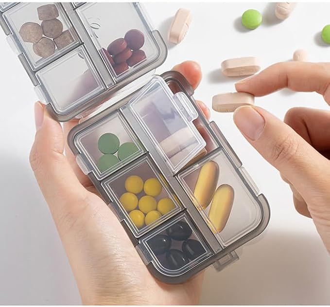 Weekly Travel Pill Organizer Box, 10 Compartments Small Fold Medicine Case Holder, Daily AM PM Morning Night Pocket Travel Capsule Dispenser for Vitamin, Fish Oil, Supplement, Tablet, Grey