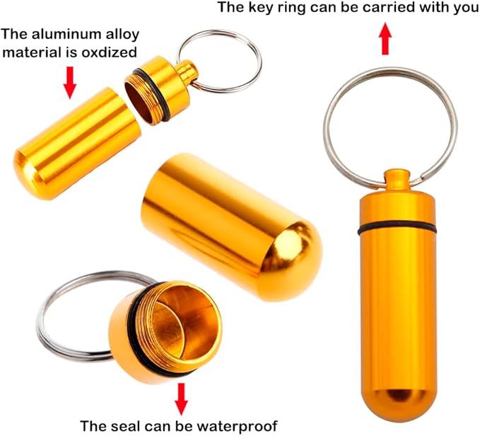 AKOAK 2 Pcs Colorful Round Aluminum Alloy Pill Bottle, Emergency Jar, Waterproof Outdoor Travel Portable Pill Bottle Key Chain (Balck)