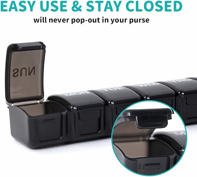 2 PCS Small Weekly Pill Organizer 7 Days,Pocket Daily Pill Case, Daily Planner, Pill Box for Pills/Vitamin/Fish Oil/Supplements (Black)