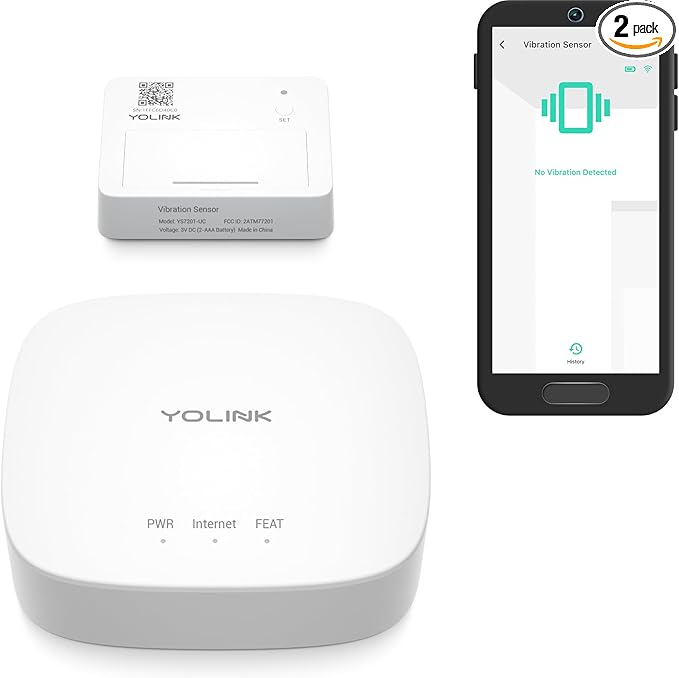 YoLink LoRa Smart Vibration Sensor & Hub Starter Kit: Hub & Smart Shock, Glass Break, Tamper, Movement Detector, Generator Running, Email/SMS/Push Alerts, 1/4 Mile Open Air Range, Alexa, IFTTT