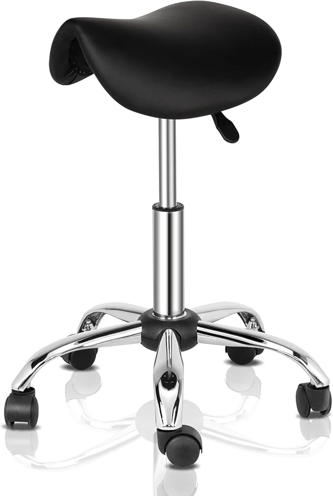 OmySalon Adjustable Saddle Stool with Footrest, Hydraulic Rolling Salon Chair, 360° Swivel Wheels Ergonomic Stool for Hair Stylists, Tattoo Artists, Office, Spa, Massage, Dental (Black)