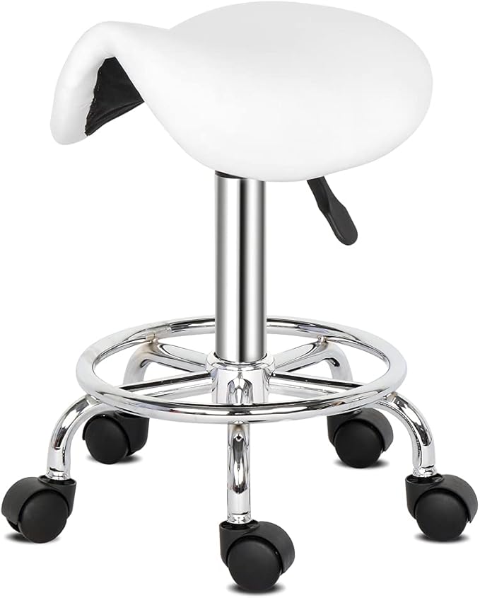 Round Rolling Bar Stool PU Leather with Wheels and Foot Rest, Height Adjustable Task Work Chair for Salon Spa Office Chairs