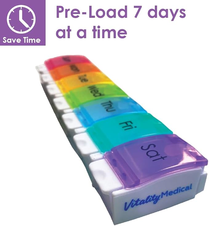 Weekly Pill Organizer Arthritis Friendly Pill Box 7 Day with Easy Push Buttons BPA Free Perfect for Travel with Medicine for Fish Oil Pill and Vitamin Supplements