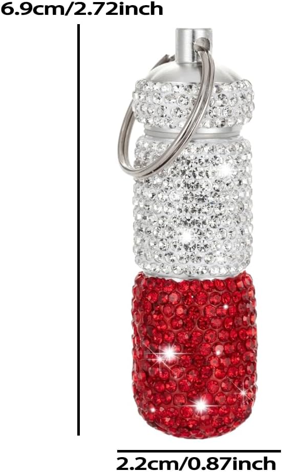 Bling Pill Case Portable Travel Pill Container Bottle Rhinestone Waterproof Small Pill Holder with Keychain Cute Mini Pill Storage Box (White red)