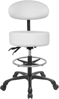 Swivel Rolling Stool Round Chair,Thick Sturdy Padding,Adjustable Stool with Wheels for Doctor,Medical,Massage Salon,Office,Shop(with New Back, White)