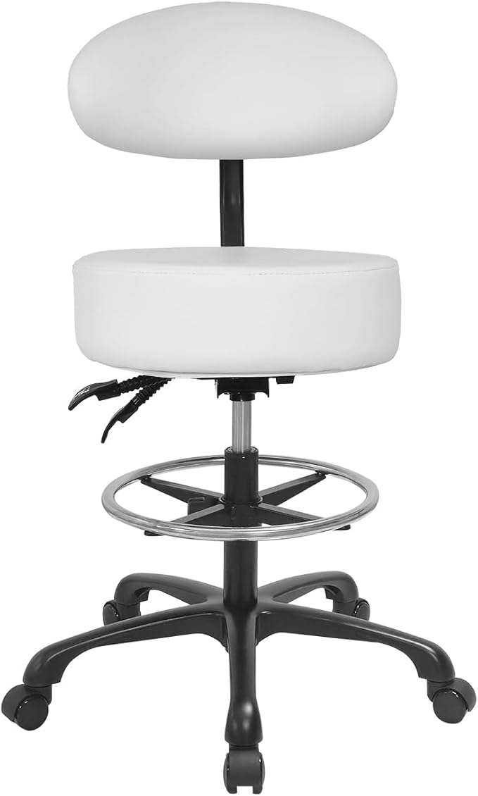Swivel Rolling Stool Round Chair,Thick Sturdy Padding,Adjustable Stool with Wheels for Doctor,Medical,Massage Salon,Office,Shop(with New Back, White)