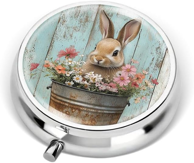 Portable Round 3 Compartment Metal Pill Box Features a Bunny in a Bucket Filled with Flowers for Organizing Medications Travel Essentials and Gift Giving