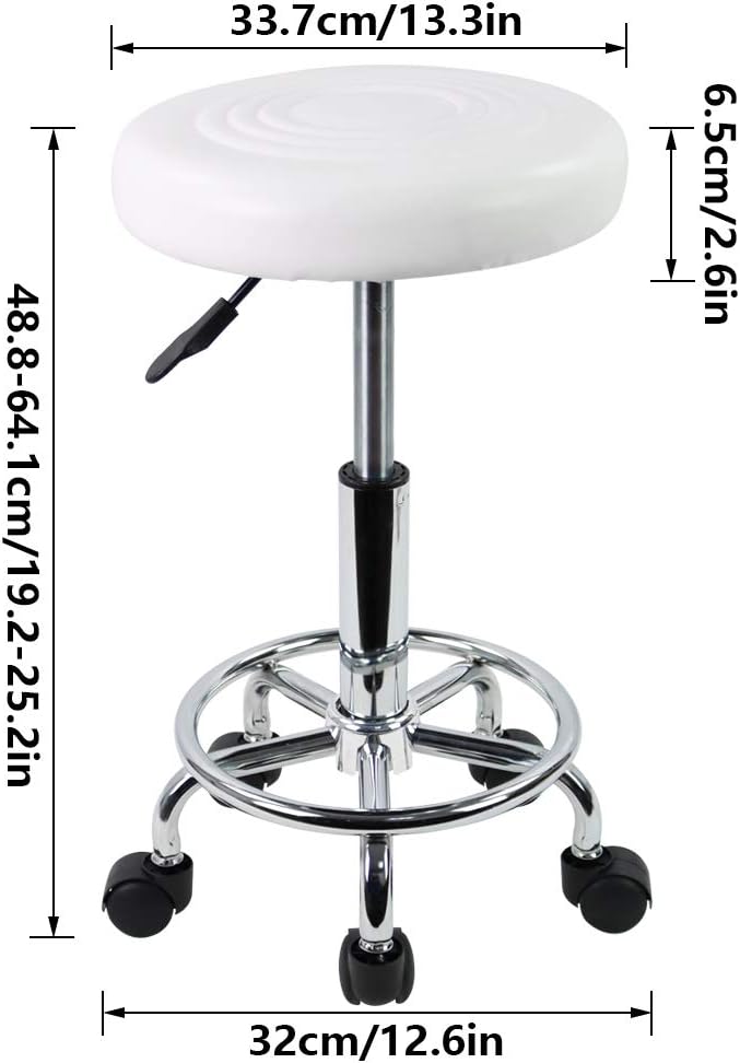 KKTONER PU Leather Modern Round Rolling Stool with Footrest Height Adjustable Spa Drafting Salon Tattoo Work Massage Stools Task Chair Small (White)