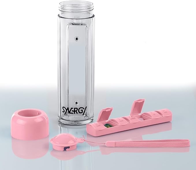 Synergy Water Bottle & Pill Organizer - Travel Storage Container for Water, Juice, Vitamins - Portable 7-Day Pillbox - for Outdoor, Gym, Travel - Easy Carry Strap - BPA Free Plastic - 400ml (Pink)