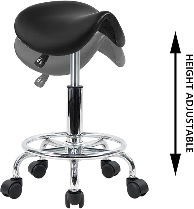 KKTONER Saddle Stool with Foot Rest PU Leather Swivel Adjustable Rolling Stool with Wheels Facial Salon Chair (Black)