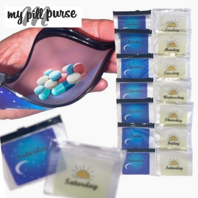Day and Night Pill Organizer 14 Mini Pill Bags Color Coded, Labeled Days of The Week, Travel AM PM Pill Organizer 7 Day 2 Times A Day Small Med Wallet 4 X 5.5 X 1.50- Recommend Two if Lots of Pills