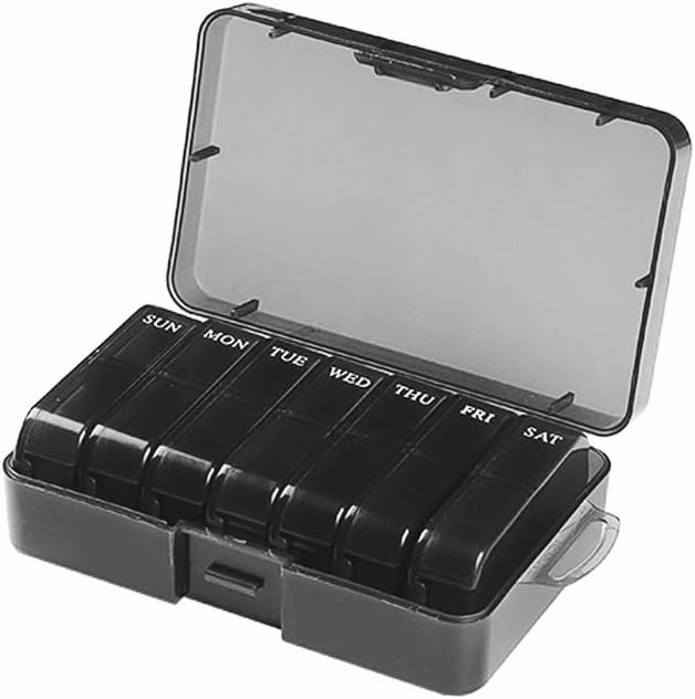Small Pill Case, Cute Medicine Box, Travel Daily Pill Organizer Planner, 7-Day 14 Tray Portable Vitamin Container Dispenser for Purse Pocket, Capsule Holder for Fish Oils, Supplements, Black