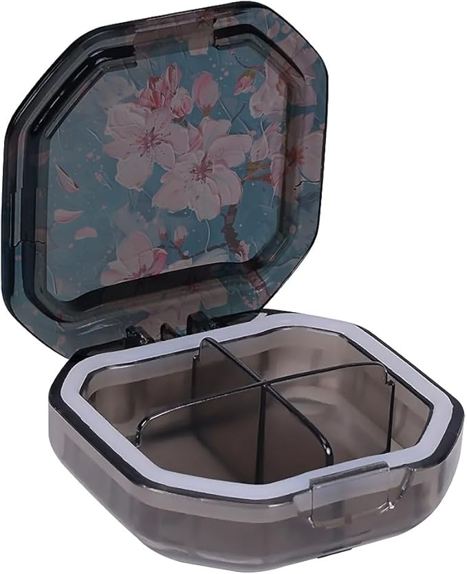 This Watercolor Style Cherry Blossom Tree Pattern 4 Compartment Pill Box Compartmentalized Pill Box Can Be Placed in A Pocket Or Wallet to Store Vitamins, Medicines Other Medications.