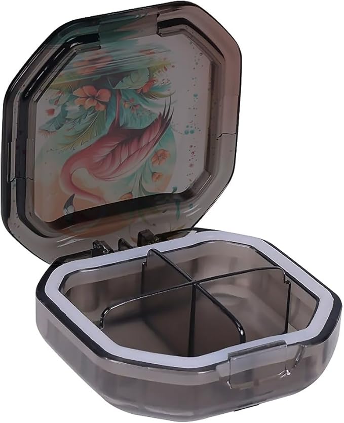 This Portable Flamingo Flower Pattern 4 Compartment Pill Box Can Be Placed in A Pocket Or Wallet to Store Vitamins, Medicines Health Supplements Other Medications.