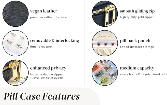 Weekly Pill Organizer 7 Day – Travel Pill Case for Vitamins & Medication, Premium Vegan Leather Pill Box with Removable Daily Compartments, Portable Supplement Organizer with Secure Zipper (White)