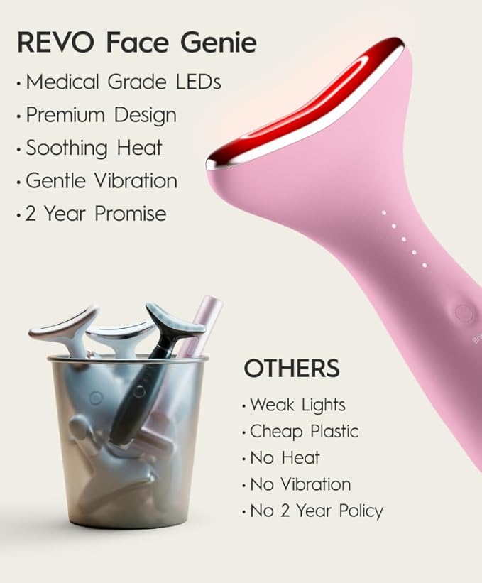 REVO Genie Facial Massager for Face and Neck, LED Face Lift Device with Heat & Vibration, Lymphatic Drainage Depuffing Tool, Red Blue Green Light Therapy for Skin Tightening & Skincare Absorption