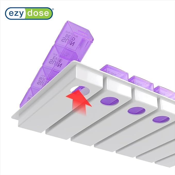 Ezy Dose Weekly (7-Day) Pill Organizer, Vitamin and Medicine Box, Large Pop-Out Compartments, 4 Times a Day, Purple