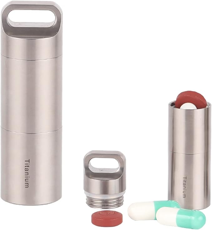Keychain Pill Holder Titanium Waterproof, Portable Pill Container Outdoor EDC Pill Case, Metal Travel Pill Box Medicine Storage, Discreet Pill Carrier with 2 Compartment, BPA Free