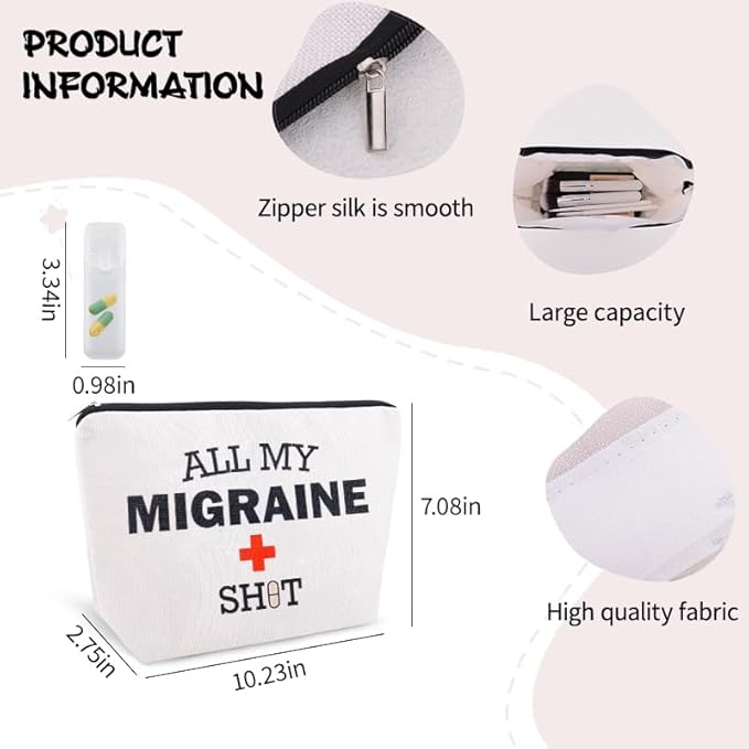 Migraine Medicine Bag for Travel Headache Meds Bag Gifts for Migraine Sufferers Headache Pouch Cosmetic Bags with Zipper Medical Bags for Patients Funny Pouch Pill Organizer Canvas Medication Pouches