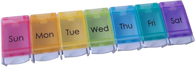 Extra Large Weekly 7 Day Pill Organizer with Spring Open Design,Push Button Pill Box with Rainbow lids,Portable Medicine case and 7 Large Compartment for Travel.
