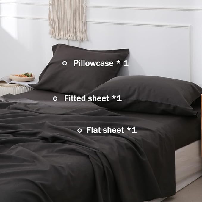 Simple&Opulence Belgian Linen Sheet Set Solid Color - 3 Pieces (1 Flat Sheet, 1 Fitted Sheet & 1 Pillowcase) Natural Flax Cotton Blend Soft Breathable Farmhouse Bedding - Twin Size, Dark Grey