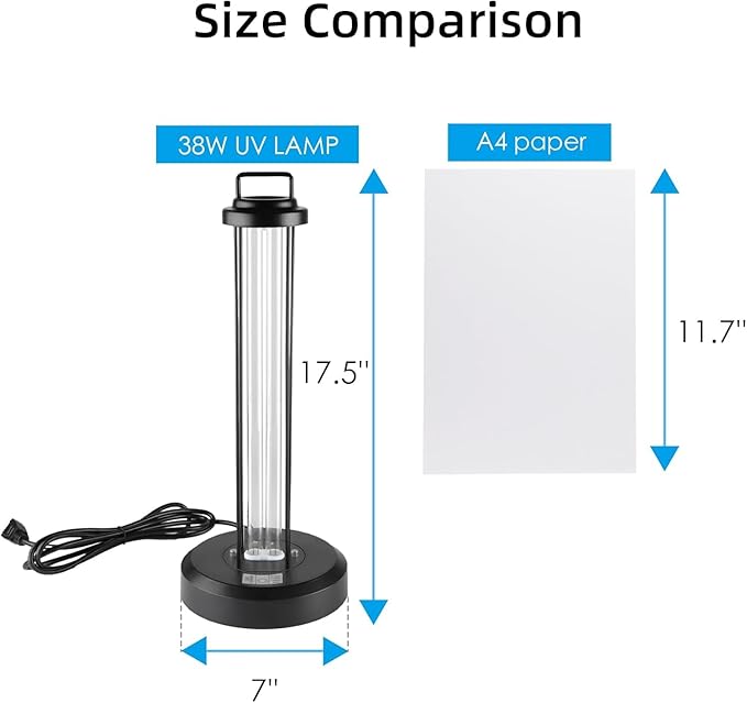 38W UV Light with 1 Spare Bulb, UVC Lamp with Remote Control for Home,Office School,Hotel.Portable Lamp,3-Gear Timer 15/30/60 Minutes 110V Ozone Free