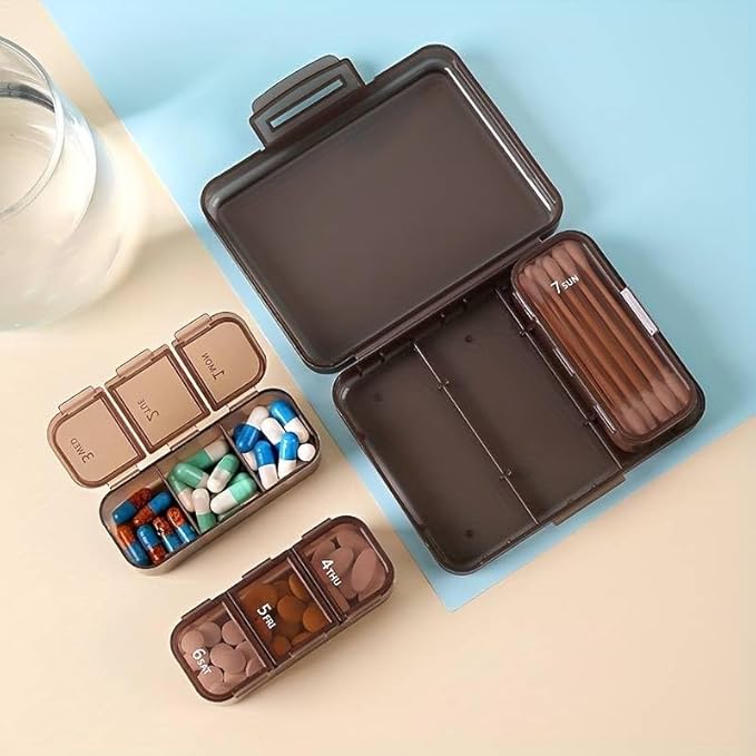 Portable Pill Box Moisture Proof Pocket Pill Organizer Dispenser Cute Compact Nice Tablet Box Travel Daily Pill Case Store Vitamins Medicines Fish Oil Pill Boxes with Compartments (Brown)