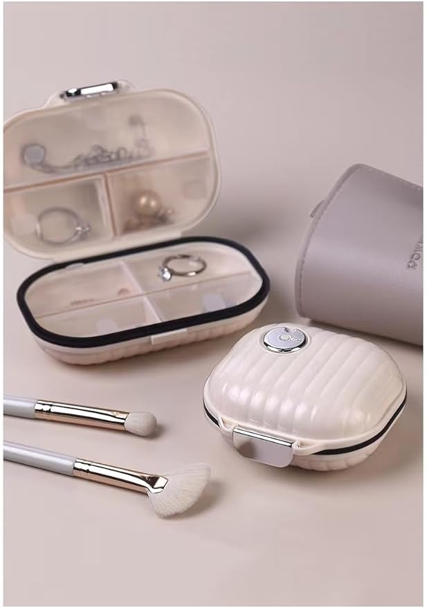 Pill Organizer Case with Carabiner, 7 Compartments,Compartmentalized Dispenser for Men and Women, Beige(Small Milk White)