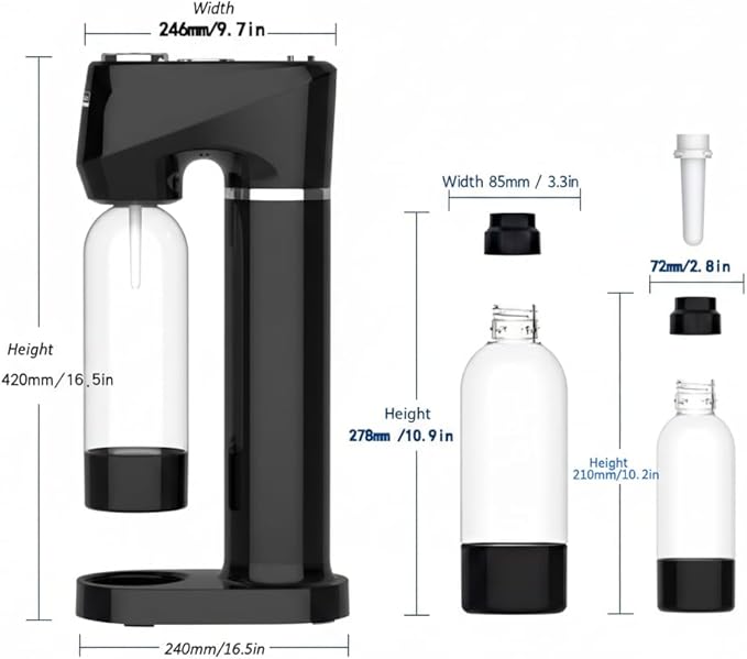 Home Sparkling Water Soda Maker with 2 BPA-Free Bottles (1L + 0.5L) - Carbonated Water Seltzer Fizzy Drink Machine, Compatible with Screw-In 60L CO2 Carbonator (Not Included), Black
