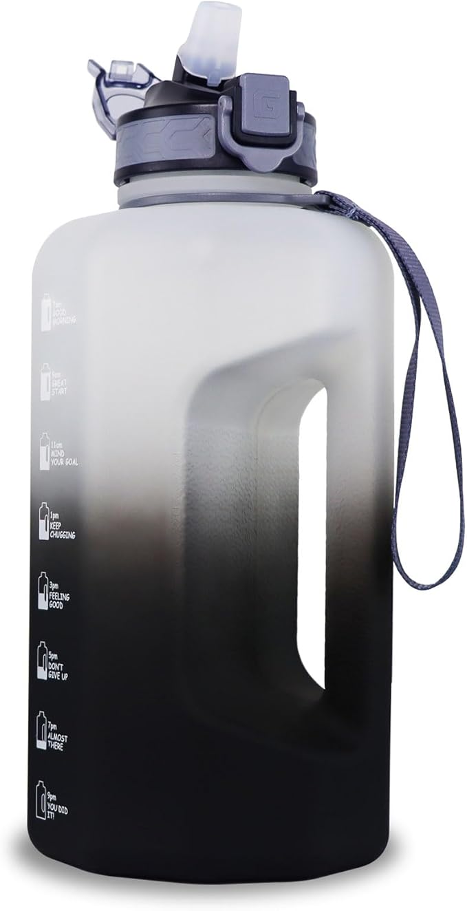 GEMFUL 74oz Motivational Water Bottle with Straw & Time Marker BPA Free Large Gym Jug for Workout Fitness Outdoor Sports Leakproof with Handle (White/Black)