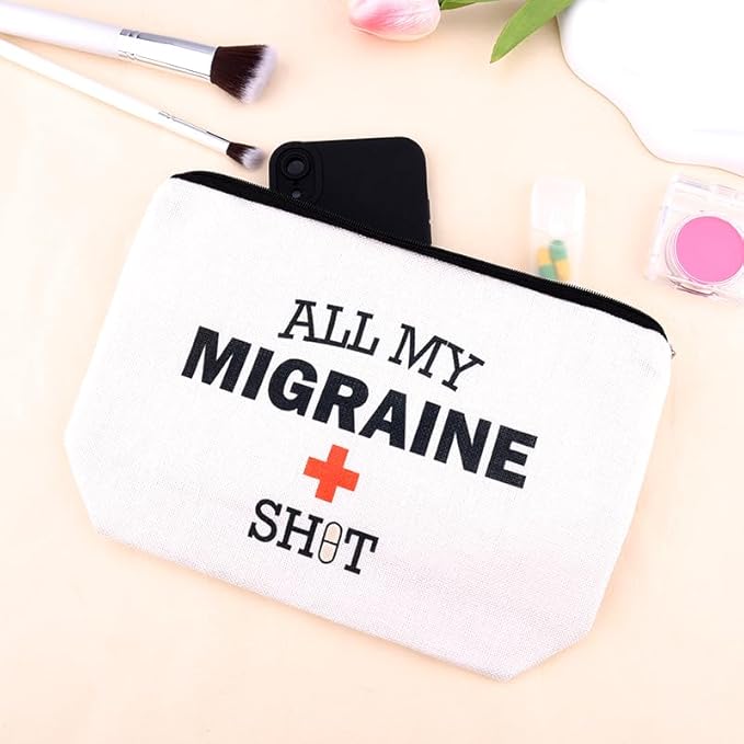 Migraine Medicine Bag for Travel Headache Meds Bag Gifts for Migraine Sufferers Headache Pouch Cosmetic Bags with Zipper Medical Bags for Patients Funny Pouch Pill Organizer Canvas Medication Pouches