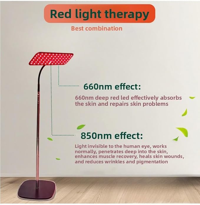 Body and Facial red Light Therapy, 660nm 850nm Infrared red Light Treatment lamp Equipment, extendable Floor-Standing Type, with a Large Panel and a Stable Stand at Home.