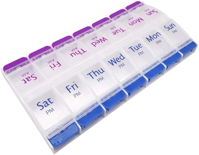 Pill Organizer 7 Day, Pill Box 2 Times a Day AM PM Pill Case, Weekly Pill Container Portable Travel Medicine Box for Vitamins and Supplements (Blue-Purple)