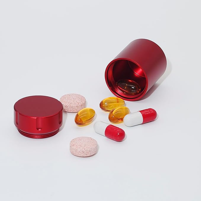 Portable Metal Small Pill Case, Aluminium Alloy Round Pill Box for Travel, Waterproof Pill Box Organizer, Pocket Daliy Pill Holder Pill Container for Medicine Vitamin Fish Oils (Red)
